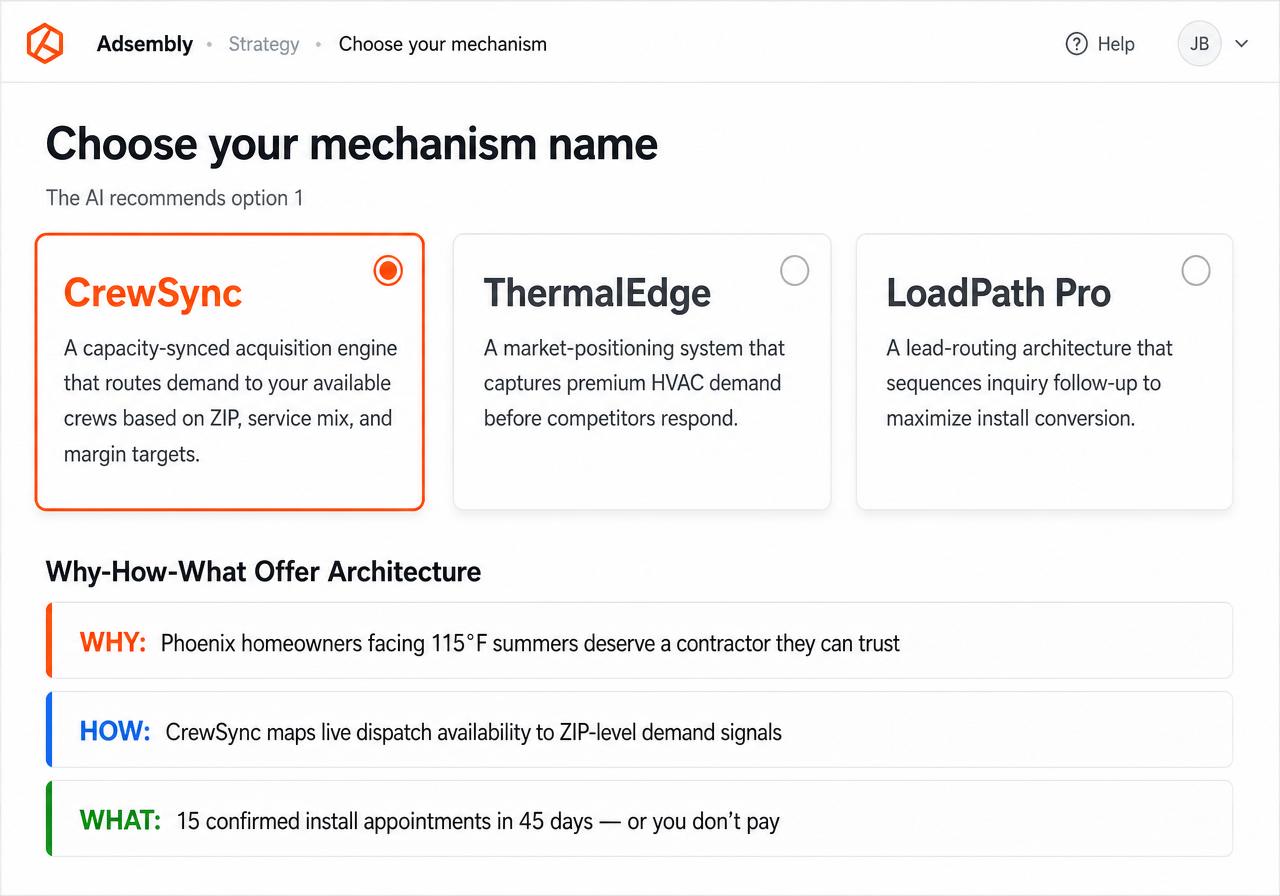 Adsembly strategy screen — choose your mechanism